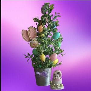 Easter Floral Tree Decor & Glitter Eggs Ceramic Bunny Vibrant Colors 17.5H X 10W
